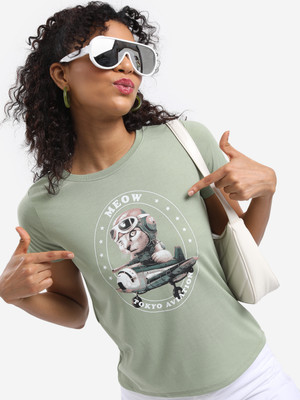 Tokyo Talkies Printed, Typography Women Round Neck Green T-Shirt