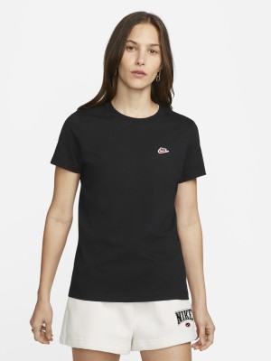 NIKE Solid, Self Design Women Round Neck Black T-Shirt