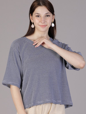 V-MART Self Design Women Round Neck Blue T-Shirt