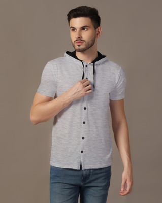 GEUM Solid Men Hooded Neck Grey T-Shirt