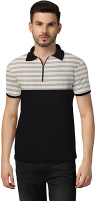 Blisstone Striped Men Polo Neck Grey T-Shirt