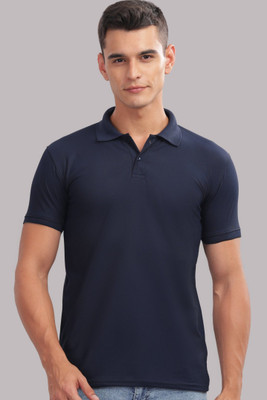 SPRADEX Solid Men Polo Neck Navy Blue T-Shirt