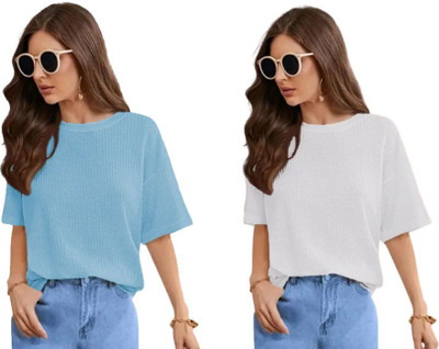 SriSaras Solid Women Round Neck White, Light Blue T-Shirt