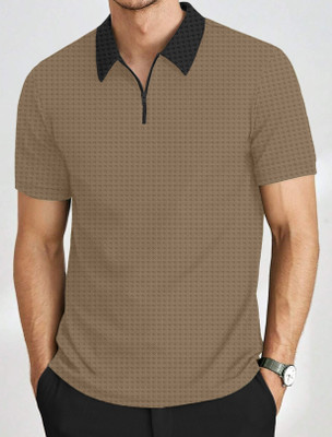 KAJARU Self Design Men Polo Neck Brown T-Shirt