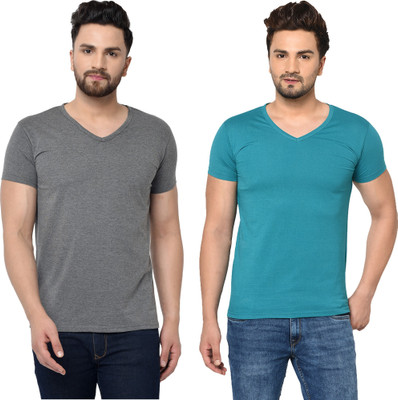 Adorbs Trend Solid Men V Neck Blue, Grey T-Shirt