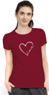 Stylimo Printed, Typography Women Round Neck Maroon T-Shirt