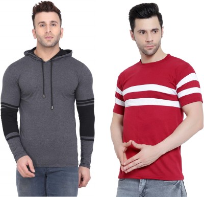 HYDEY Solid Men Hooded Neck Grey, Black T-Shirt