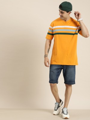 HERE&NOW Striped Men Round Neck Yellow T-Shirt
