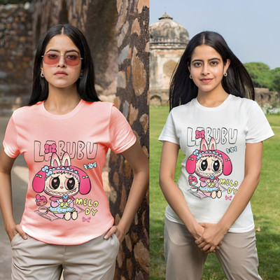 Kasendra Printed Women Round Neck Pink, White T-Shirt