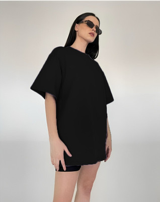 etsun Solid Women Round Neck Black T-Shirt