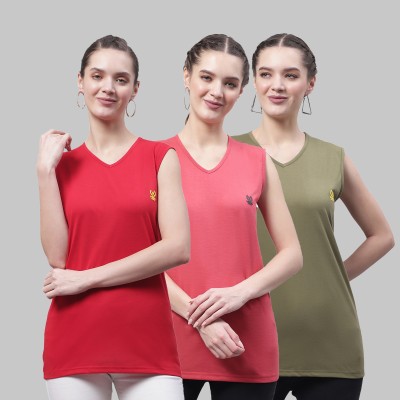 VIMAL JONNEY Solid Women V Neck Pink, Dark Green, Red T-Shirt