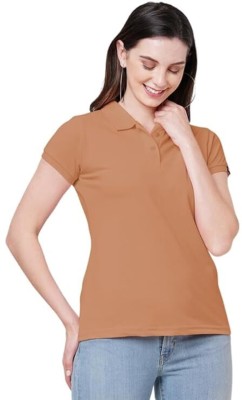 WEAR YOUR OPINION Solid Women Polo Neck Beige T-Shirt