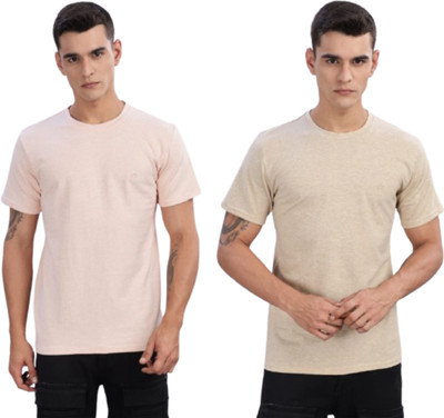 Raw Purple Solid Men Round Neck Pink, Beige T-Shirt