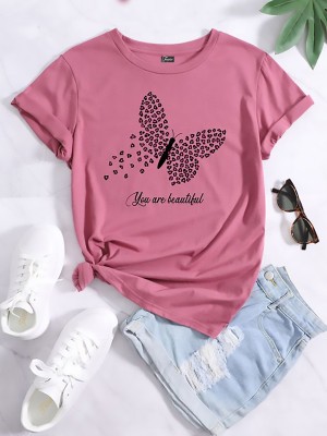 JUGULAR Printed Women Round Neck Pink T-Shirt