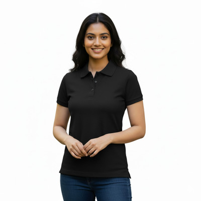 V sense Solid Women Polo Neck Black T-Shirt