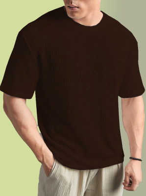 KICKBUDS Solid Men Round Neck Brown T-Shirt