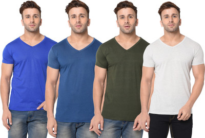 JB Jangoboy Self Design, Solid Men V Neck Dark Green, Blue, Grey T-Shirt