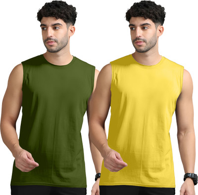 Adorbs Solid Men Round Neck Dark Green, Yellow T-Shirt
