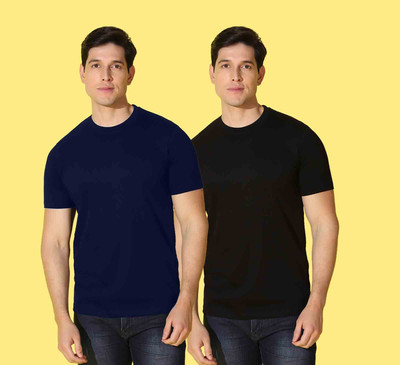 WOOSTRO Solid Men Round Neck Black, Blue T-Shirt