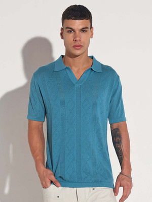 SHOWOFFFF Solid Men Polo Neck Blue T-Shirt