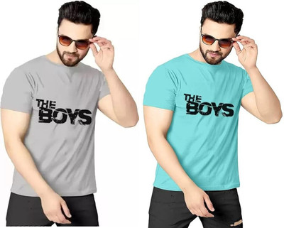 REVIZO Graphic Print Men Round Neck Grey, Light Blue T-Shirt
