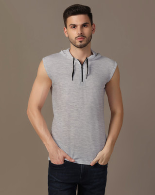 GEUM Solid Men Hooded Neck Grey T-Shirt