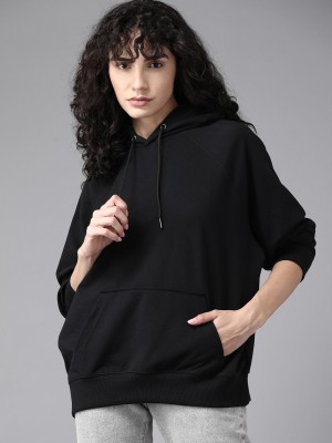 FARBOT Solid Women Hooded Neck Black T-Shirt