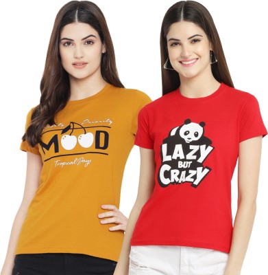 Fabflee Typography Women Round Neck Yellow, Red T-Shirt