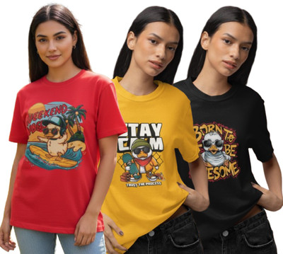 Stylewill Graphic Print Women Round Neck Red, Yellow, Brown T-Shirt