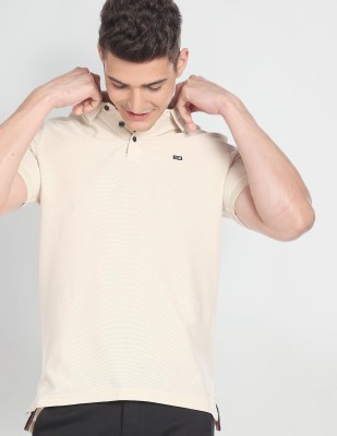 ARROW Striped Men Polo Neck Beige T-Shirt