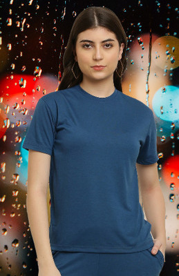 CANIDAE Solid Women Round Neck Blue T-Shirt
