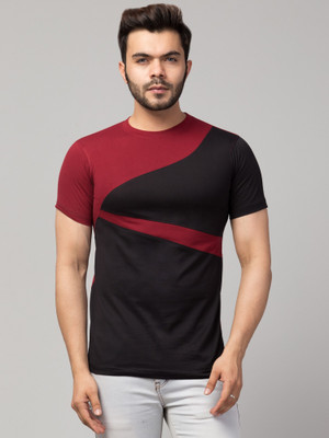 Clothy Trend Colorblock Men Round Neck Black, Maroon T-Shirt