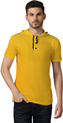 Blisstone Solid Men Hooded Neck Yellow T-Shirt