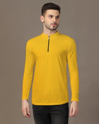 BEYOU FASHION Solid Men Mandarin Collar Yellow T-Shirt