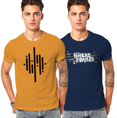 FADMARK Printed Men Round Neck Dark Blue, Yellow T-Shirt