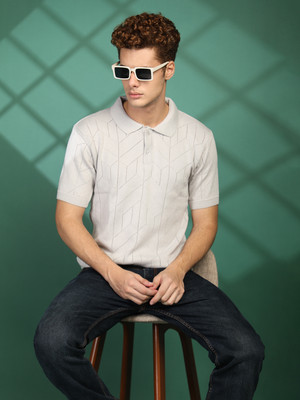 Mast & Harbour Printed Men Polo Neck Grey T-Shirt