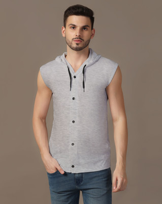 GEUM Solid Men Hooded Neck Silver T-Shirt