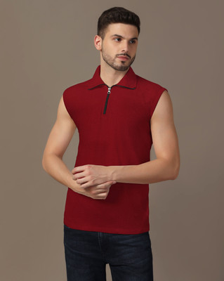 GEUM Solid Men Polo Neck Maroon T-Shirt