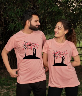 DEE LEAF Printed Couple Round Neck Pink T-Shirt