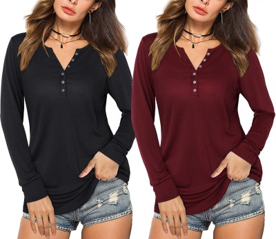 Boldwink Solid Women V Neck Black, Maroon T-Shirt