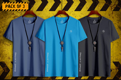 SUPERSQUAD Printed Men Round Neck Black, Blue, Grey T-Shirt