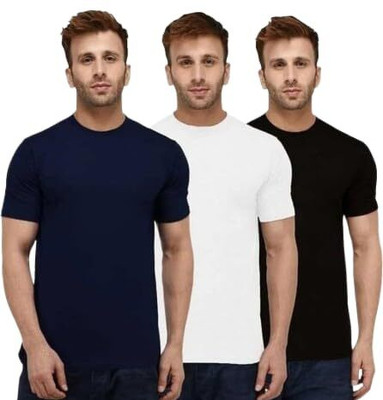 P collection Solid Men Round Neck Black, Navy Blue, White T-Shirt