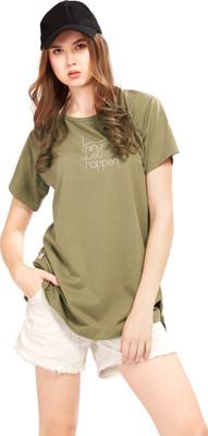 WEET Printed, Typography Women Round Neck Maroon T-Shirt