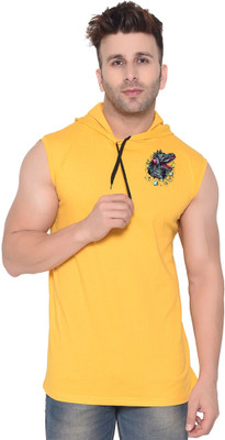 tfurnish Printed Men Hooded Neck Yellow T-Shirt