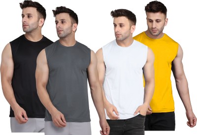 UDI n ADI Solid Men Round Neck Grey, Black, White, Yellow T-Shirt
