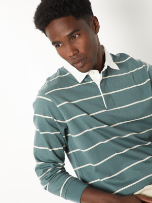 MAX Striped, Solid Men Polo Neck White, Blue T-Shirt
