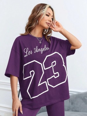 QUIN FLETCHER Printed Women Round Neck Purple T-Shirt