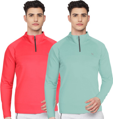 FTX Solid Men Zip Neck Red, Light Green T-Shirt