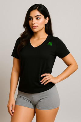 ANTUM Solid Women V Neck Black T-Shirt