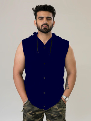 GEUM Solid Men Hooded Neck Dark Blue T-Shirt